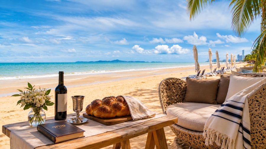 Shabbat table set up beachside with challah and kiddush cup