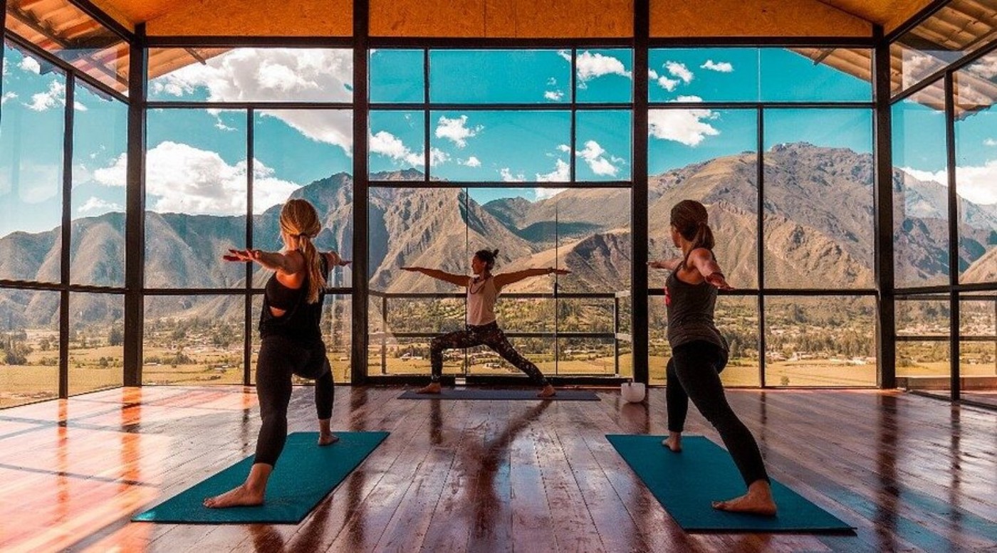 Yoga in Pisac with Sacred Valley view